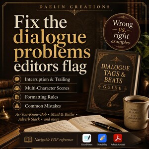 May include: A digital guide titled Fix the dialogue problems editors flag by Daelin Creations. It features a book titled Dialogue Tags & Beats Guide, an open notebook with a fountain pen, and a mug with the text Write clearly. Edit confidently.