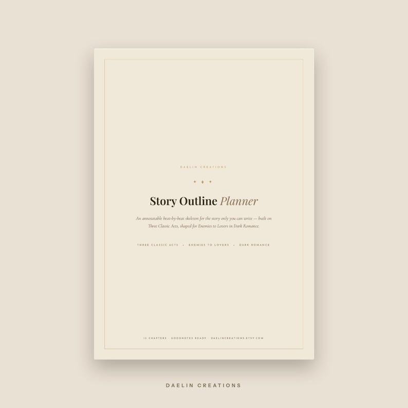 Op de afbeelding: Een beige digitale Story Outline Planner-pagina met donkere tekst. Het bevat de titel Story Outline Planner, een ondertitel over een beat-by-beat skelet voor verhalen, en tekst die verwijst naar Three Classic Acts, Enemies to Lovers en Dark Romance.