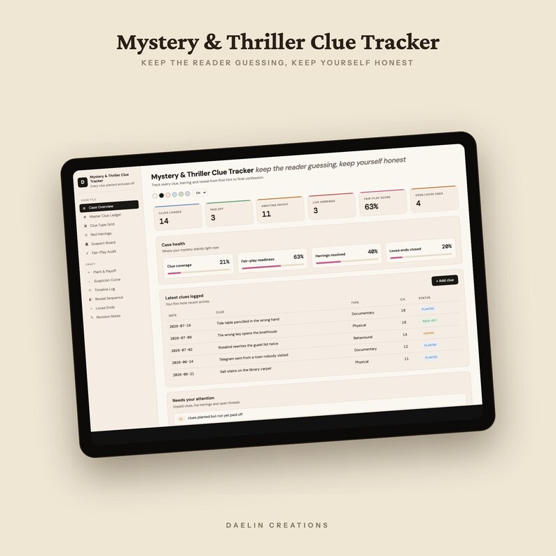 Mystery and Thriller Clue Tracker | Red Herring and Fair-Play Audit Dashboard, Suspicion Curve, Plant & Payoff Planner for Writers image 5
