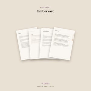 Puede incluir: Un conjunto de trece p&aacute;ginas blancas tituladas World Bible Embervast de Daelin Creations. Las p&aacute;ginas presentan texto impreso en un dise&ntilde;o limpio, dispuestas en abanico sobre un fondo beige claro s&oacute;lido, mostrando contenido estructurado.