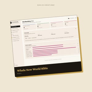 Pode incluir: Uma interface digital intitulada Worldbuilding Bible da Daelin Creations, apresentando um painel com se&ccedil;&otilde;es para culturas, locais e eventos cronol&oacute;gicos. O layout inclui um perfil de mundo, barras de progresso e uma faixa com o texto Whole New World Bible.