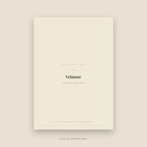 May include: A rectangular document with a cream-colored background and a thin border. The text reads: DAELIN CREATIONS WORLD, Velmoor, Dark Romance - One-of-One World, 26 PAGES CLICKABLE TAB DAELINCREATIONS.ETSY.COM, and DAELIN CREATIONS at the bottom.