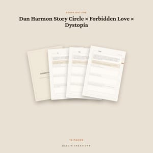 May include: A 16-page story outline document titled Dan Harmon Story Circle x Forbidden Love x Dystopia by Daelin Creations. The document features a beige cover and multiple white interior pages with structured text fields and light brown accents.