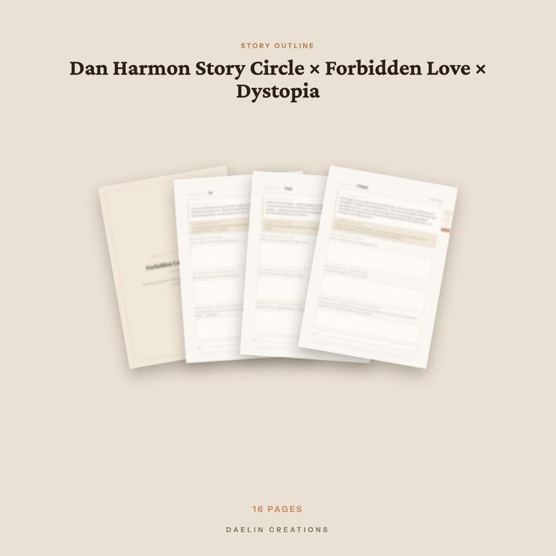 May include: A 16-page story outline document titled Dan Harmon Story Circle x Forbidden Love x Dystopia by Daelin Creations. The document features a beige cover and multiple white interior pages with structured text fields and light brown accents.