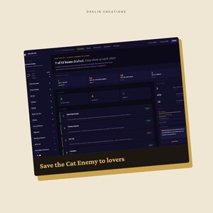 May include: A digital interface for Daelin Creations titled Save the Cat Enemy to lovers. The dark-themed dashboard displays a story structure tracker with numbered beats, progress bars, and text fields for narrative development and character arcs.