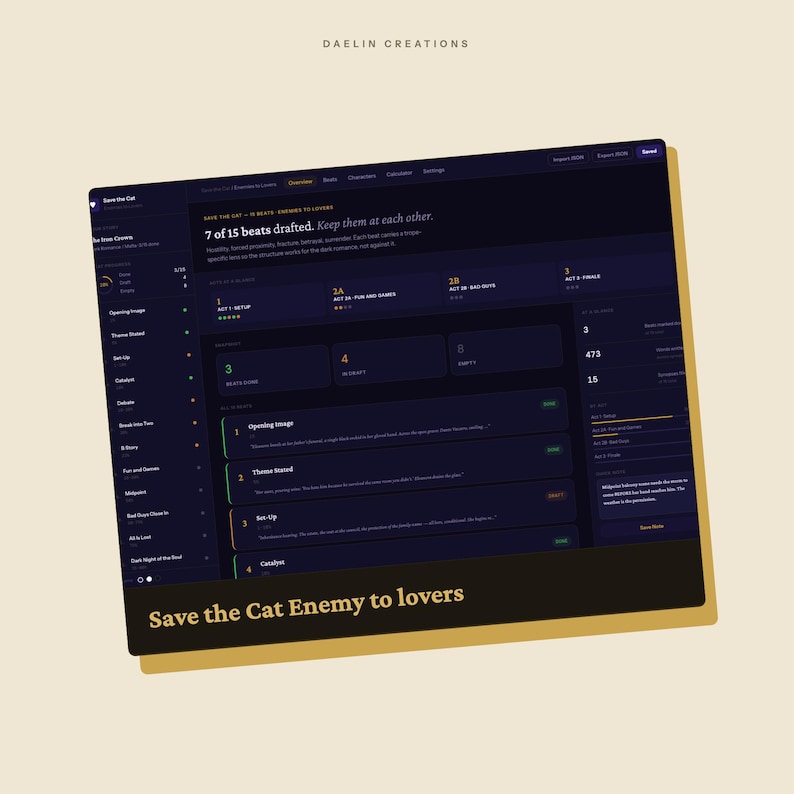 May include: A digital interface for Daelin Creations titled Save the Cat Enemy to lovers. The dark-themed dashboard displays a story structure tracker with numbered beats, progress bars, and text fields for narrative development and character arcs.