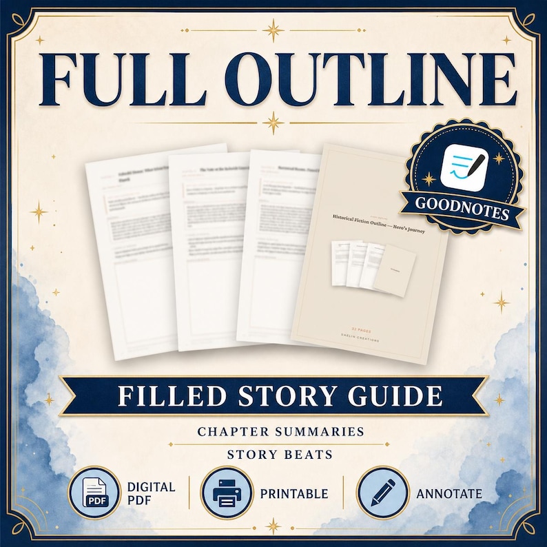 May include: A digital story guide featuring a full outline, chapter summaries, and story beats. The document includes a Goodnotes badge, PDF, printable, and annotate icons. Text reads FULL OUTLINE, FILLED STORY GUIDE, CHAPTER SUMMARIES, STORY BEATS.
