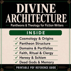 May include: A printable PDF reference guide titled DIVINE ARCHITECTURE: Pantheons & Theology for Fiction Writers. The text lists contents including Cosmology & Origins, Pantheon Structure, Domains & Portfolios, Faith, Ritual & Clergy, Heresy & Schism, and Dead Gods & Memory.
