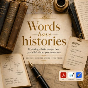 May include: A vintage-style print featuring the text Words have histories, Etymology that changes how you think about your sentences, 20 WORDS, 16 VERIFIED SOURCES, 2 FULL INDEXES, surrounded by antique books, a fountain pen, and a note on mere.