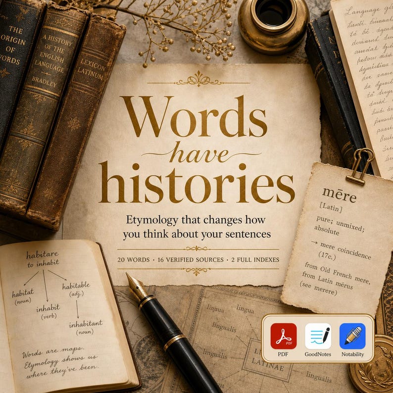 May include: A vintage-style print featuring the text Words have histories, Etymology that changes how you think about your sentences, 20 WORDS, 16 VERIFIED SOURCES, 2 FULL INDEXES, surrounded by antique books, a fountain pen, and a note on mere.