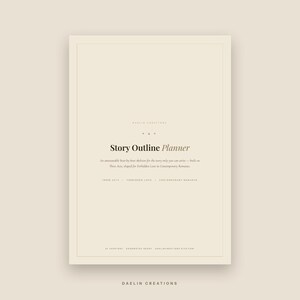 May include: A beige digital planner page titled Story Outline Planner. The text reads: An announceable beat-by-beat skeleton for the story only you can write&mdash;built on Three Acts, shaped for Forbidden Love in Contemporary Romance. Includes 34 chapters.