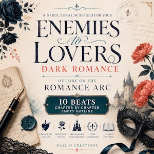 Op de afbeelding: Een digitaal overzichtssjabloon getiteld A Structural Scaffold for Your Enemies to Lovers Dark Romance. Het bevat een vulpen, waszegel, zwarte kant en rode bloemen. Tekst bevat 10 Beats, Chapter by Chapter en Daelin Creations.