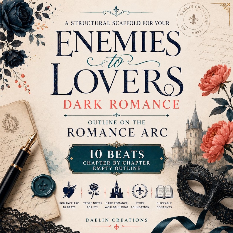 Op de afbeelding: Een digitaal overzichtssjabloon getiteld A Structural Scaffold for Your Enemies to Lovers Dark Romance. Het bevat een vulpen, waszegel, zwarte kant en rode bloemen. Tekst bevat 10 Beats, Chapter by Chapter en Daelin Creations.