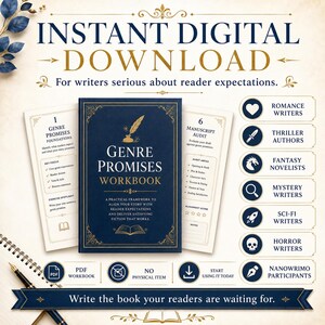 May include: A digital workbook titled Genre Promises Workbook with a dark blue cover and gold text. The image includes text stating Instant Digital Download, For writers serious about reader expectations, and lists genres like Romance, Thriller, and Fantasy.