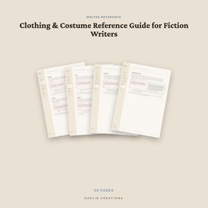 May include: A digital reference guide titled Clothing & Costume Reference Guide for Fiction Writers, featuring four overlapping white pages with dark text and light beige borders. The document contains 30 pages and is by Daelin Creations.