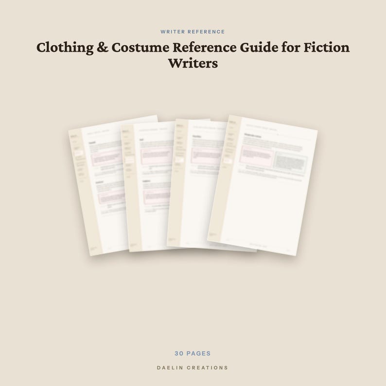 May include: A digital reference guide titled Clothing & Costume Reference Guide for Fiction Writers, featuring four overlapping white pages with dark text and light beige borders. The document contains 30 pages and is by Daelin Creations.