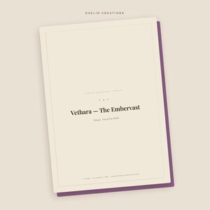 Op de afbeelding: Een rechthoekig digitaal document met een cr&egrave;mekleurige achtergrond en een donkerpaarse rand. De tekst luidt Daelin Creations, Vethara - The Embervast, Fantasy One-of-One World, en 1 Pages, Clickable Tabs, DaelinCreations.etsy.com.