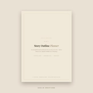 Op de afbeelding: Een beige digitale story outline planner pagina met donkere tekst. De titel luidt Story Outline Planner, gevolgd door tekst over een beat-by-beat skelet voor een verhaal gebaseerd op Fichtean Curve, Forbidden Love en Romantasy. Bevat 14 hoofdstukken.