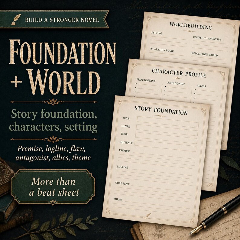 May include: An image promoting novel writing tools. The text reads "FOUNDATION + WORLD" and "Story foundation, characters, setting." There are worksheets for worldbuilding, character profiles, and story foundation. A pen and books are in the background.