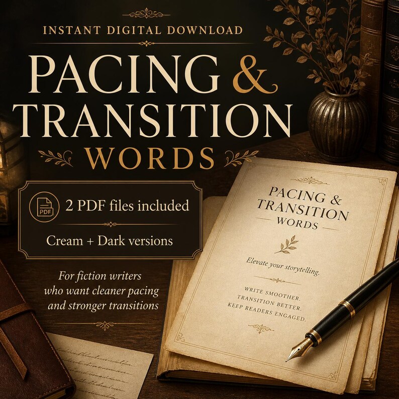May include: A digital download for writers featuring the text PACING & TRANSITION WORDS. The image displays a cream-colored page with the same title, a fountain pen, and a box stating 2 PDF files included in cream and dark versions.