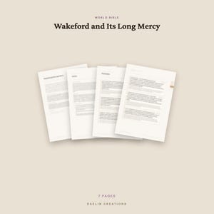May include: Four white paper pages with black text titled World Bible Wakeford and Its Long Mercy. The pages are arranged in a fan shape. The bottom of the image displays the text 7 PAGES and DAELIN CREATIONS in a small, dark font.