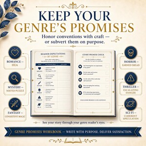 May include: A genre promises workbook featuring an open book with a reader expectations chart and a genre promise checklist. The design includes gold and navy blue text, icons for romance, mystery, fantasy, horror, thriller, and sci-fi genres.