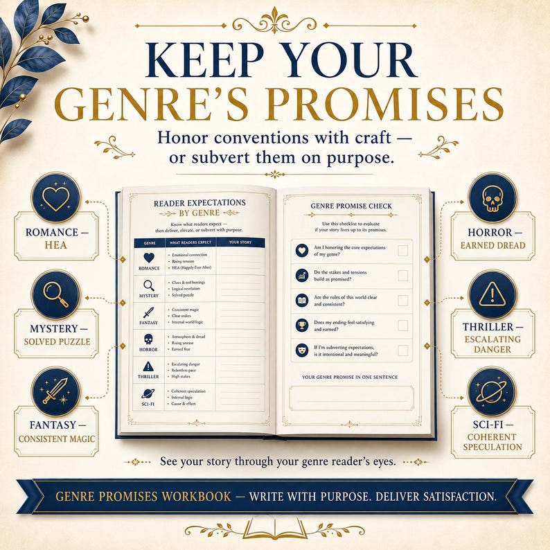 May include: A genre promises workbook featuring an open book with a reader expectations chart and a genre promise checklist. The design includes gold and navy blue text, icons for romance, mystery, fantasy, horror, thriller, and sci-fi genres.
