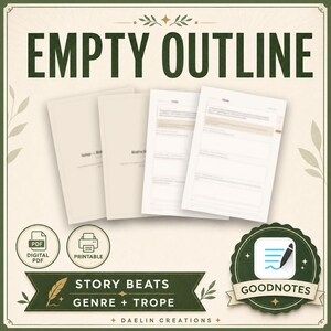 May include: A digital planner set titled EMPTY OUTLINE featuring four document pages with text, two circular icons for PDF and printable formats, a green banner labelled STORY BEATS GENRE + TROPE, and a circular badge for GOODNOTES.