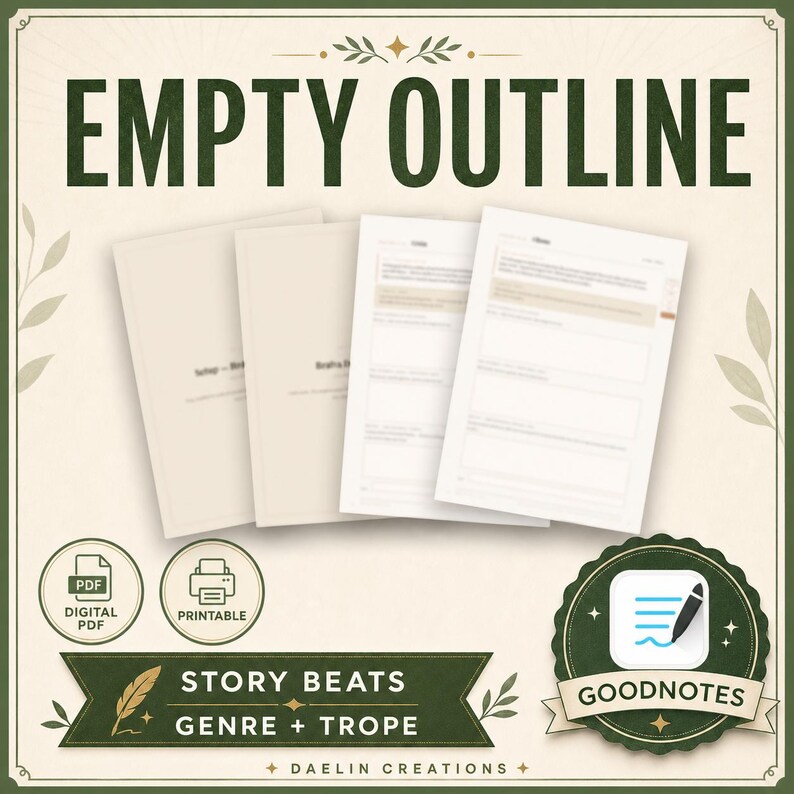 May include: A digital planner set titled EMPTY OUTLINE featuring four document pages with text, two circular icons for PDF and printable formats, a green banner labelled STORY BEATS GENRE + TROPE, and a circular badge for GOODNOTES.