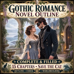 May include: A Gothic Romance novel outline featuring a couple in period attire standing on a stone balcony. The text reads: Gothic Romance Novel Outline, Complete & Filled, 15 Chapters, Save The Cat, Outline + Codex + Worldbuilding.