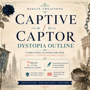 K&ouml;nnte beinhalten: Ein digitaler oder gedruckter Entwurf mit dem Titel CAPTIVE / CAPTOR DYSTOPIA OUTLINE von DAELIN CREATIONS. Das Design zeigt eine dunkelblaue Rose, eine Metallfessel und eine Kette auf einem pergamentartigen Hintergrund mit Text, der 7 Beats, Weltenbau-Seiten und Kapitelnotizen beschreibt.