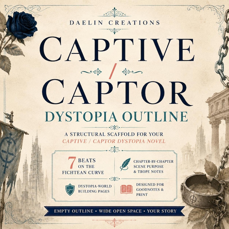 K&ouml;nnte beinhalten: Ein digitaler oder gedruckter Entwurf mit dem Titel CAPTIVE / CAPTOR DYSTOPIA OUTLINE von DAELIN CREATIONS. Das Design zeigt eine dunkelblaue Rose, eine Metallfessel und eine Kette auf einem pergamentartigen Hintergrund mit Text, der 7 Beats, Weltenbau-Seiten und Kapitelnotizen beschreibt.