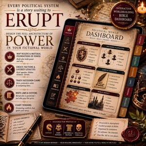 May include: A digital tablet displaying an interactive political worldbuilding dashboard with sections for rulers, factions, succession, laws, tensions, and resources. The screen features text, icons, and charts for designing fictional power structures.