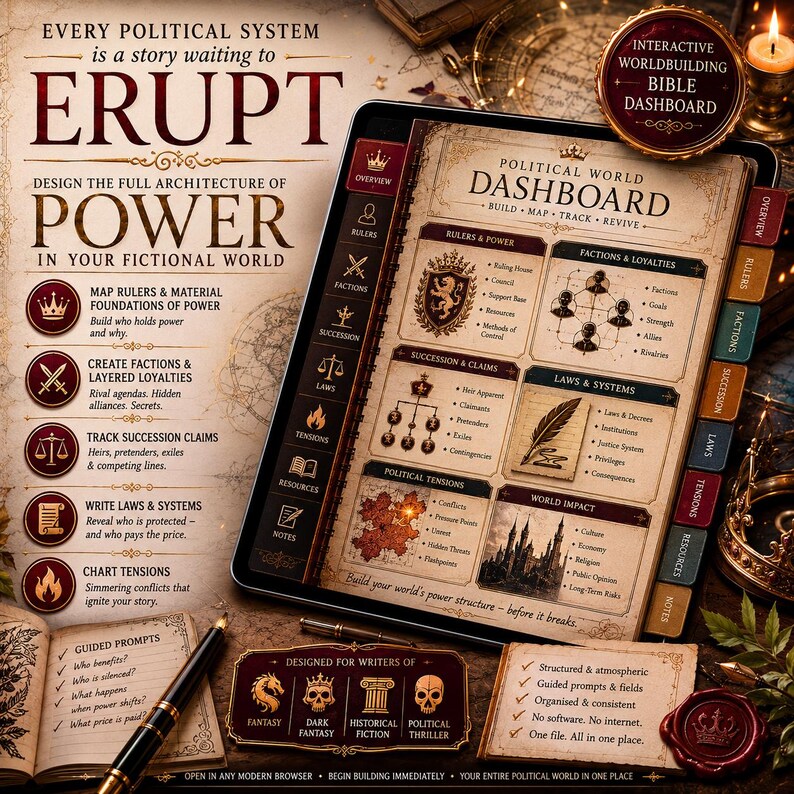 May include: A digital tablet displaying an interactive political worldbuilding dashboard with sections for rulers, factions, succession, laws, tensions, and resources. The screen features text, icons, and charts for designing fictional power structures.