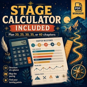 May include: A digital workbook titled "Stage Calculator Included" with a calculator, chapter milestones, and a pacing map. The image features a compass, ruler, and a scenic mountain path, with text indicating options for 20, 25, 30, 35, or 40 chapters.
