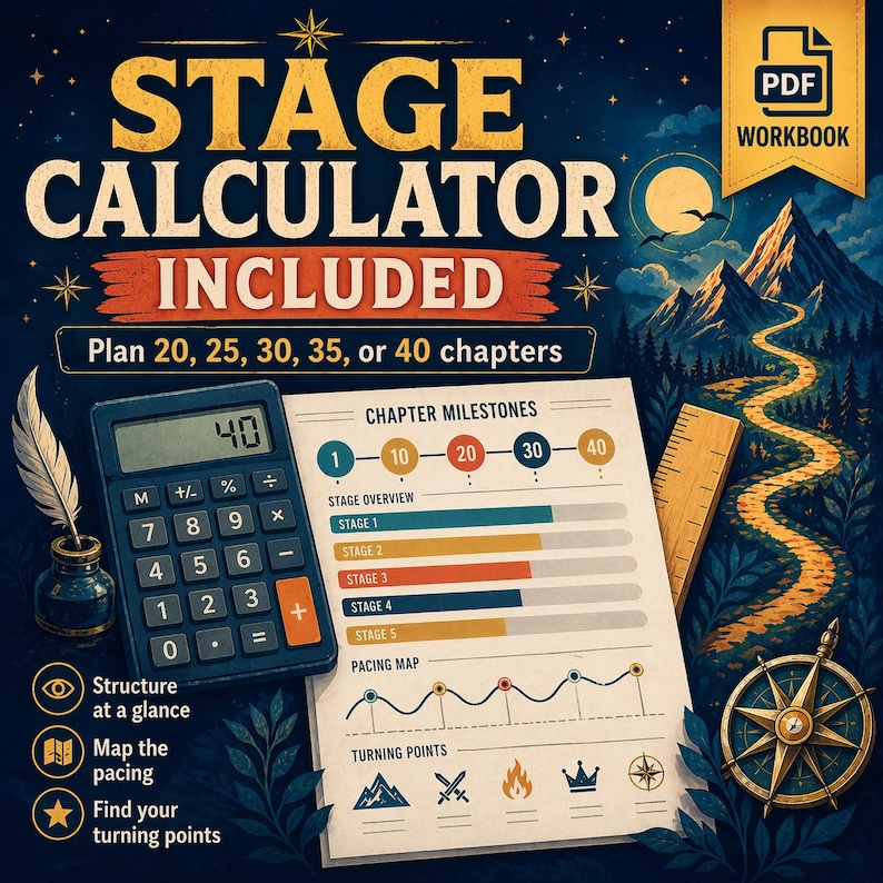 May include: A digital workbook titled "Stage Calculator Included" with a calculator, chapter milestones, and a pacing map. The image features a compass, ruler, and a scenic mountain path, with text indicating options for 20, 25, 30, 35, or 40 chapters.
