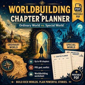 May include: A digital fantasy-themed product titled "Worldbuilding Chapter Planner." The image features a person standing in an archway between two worlds, with text and graphics including a compass, maps, and a chapter planner worksheet. The product is a printable PDF.