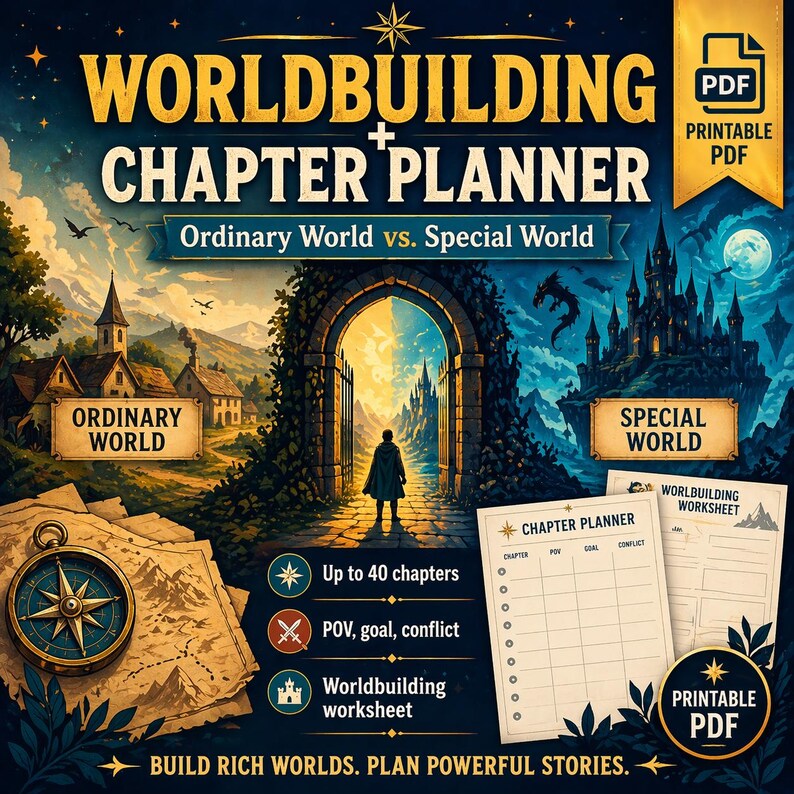 May include: A digital fantasy-themed product titled "Worldbuilding Chapter Planner." The image features a person standing in an archway between two worlds, with text and graphics including a compass, maps, and a chapter planner worksheet. The product is a printable PDF.