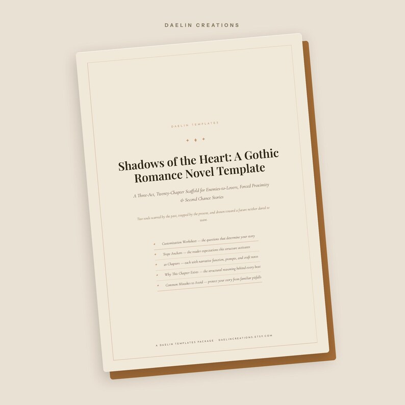 May include: A rectangular document titled Shadows of the Heart: A Gothic Romance Novel Template by Daelin Creations. The cream-colored page features black text outlining a three-act, twenty-chapter scaffold, including worksheets and chapter prompts.