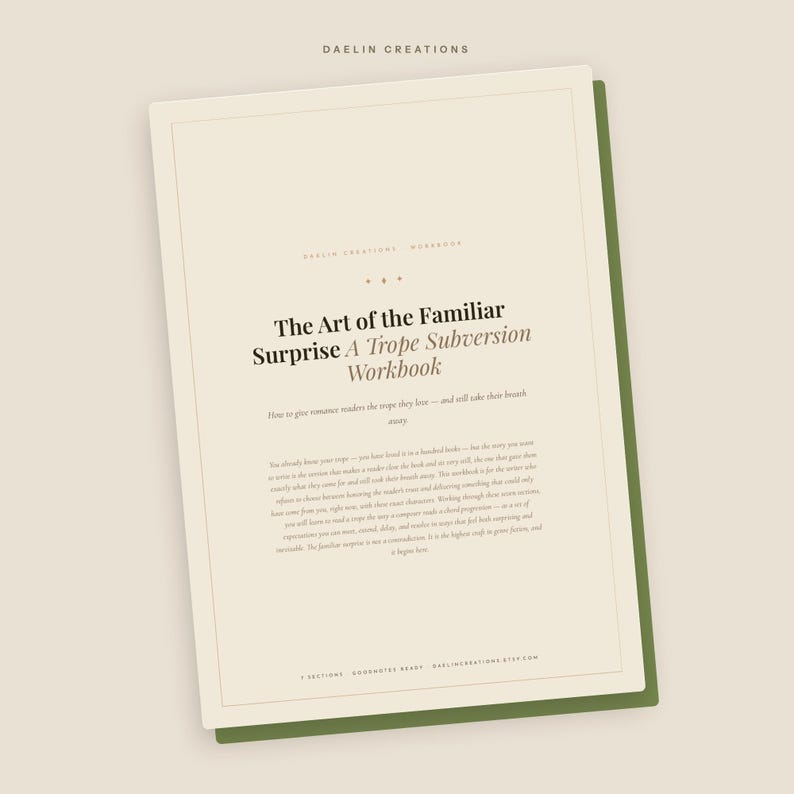 Pode incluir: Um caderno de exerc&iacute;cios na cor creme intitulado The Art of the Familiar Surprise A Trope Subversion Workbook da Daelin Creations. A capa apresenta texto preto com serifa, um subt&iacute;tulo e um par&aacute;grafo descritivo, emoldurado.