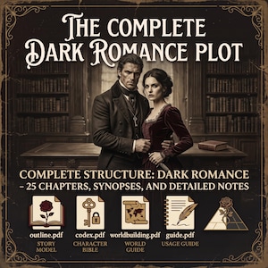 May include: A digital document set titled The Complete Dark Romance Plot, featuring a man and woman in period attire, with icons for outline.pdf, codex.pdf, worldbuilding.pdf, and guide.pdf. The text includes Complete Structure: Dark Romance - 25 Chapters.