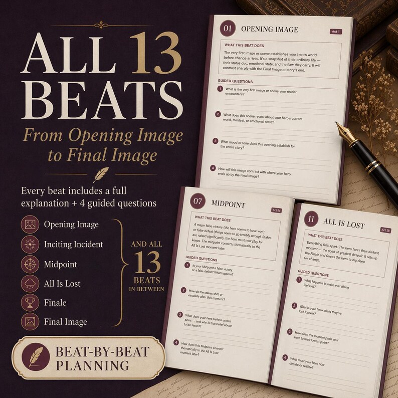 May include: A collection of writing prompts and guides for story planning. The image features three open booklets with text, including "Opening Image," "Midpoint," and "All Is Lost." The title "ALL 13 BEATS" is prominently displayed.