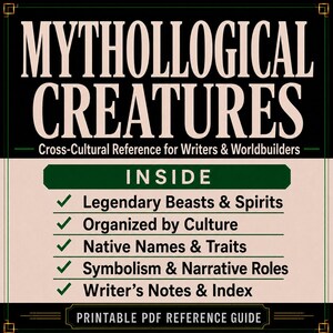 May include: A printable PDF reference guide titled MYTHOLOGICAL CREATURES: Cross-Cultural Reference for Writers & Worldbuilders. It lists features including Legendary Beasts & Spirits, Organized by Culture, Native Names & Traits, Symbolism & Narrative Roles, and Writer's Notes & Index.