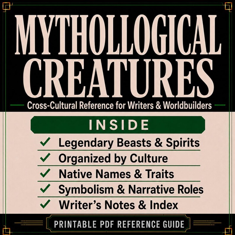 May include: A printable PDF reference guide titled MYTHOLOGICAL CREATURES: Cross-Cultural Reference for Writers & Worldbuilders. It lists features including Legendary Beasts & Spirits, Organized by Culture, Native Names & Traits, Symbolism & Narrative Roles, and Writer's Notes & Index.