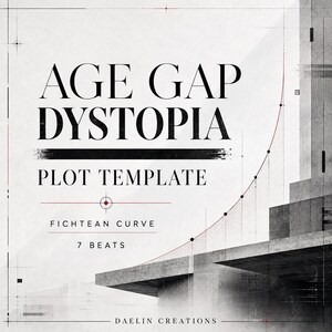 Könnte beinhalten: Eine digitale Grafik mit dem Text AGE GAP DYSTOPIA PLOT TEMPLATE FICHTEAN CURVE 7 BEATS DAELIN CREATIONS. Das Design enthält eine dünne rote Kurvenlinie, geometrische Fadenkreuzmarkierungen und eine architektonische Betonstruktur in Grautönen.