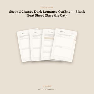 K&ouml;nnte beinhalten: Ein Set aus vier wei&szlig;en Papierb&ouml;gen mit einem Second Chance Dark Romance Outline und einem leeren Save the Cat Beat Sheet. Der Text oben lautet Story Outline, Second Chance Dark Romance Outline &mdash; Blank Beat Sheet (Save the Cat). 25 Seiten.