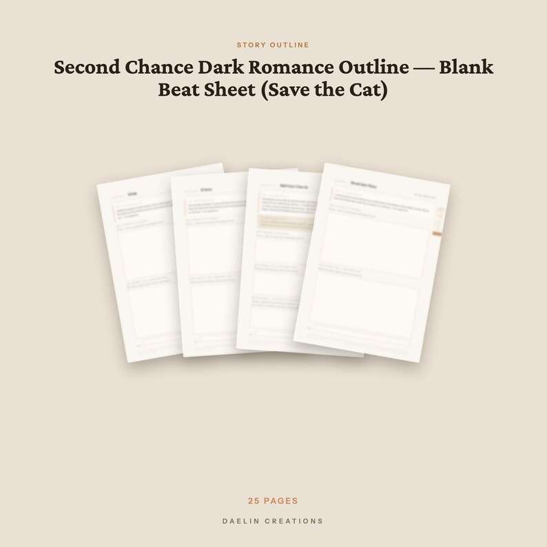 K&ouml;nnte beinhalten: Ein Set aus vier wei&szlig;en Papierb&ouml;gen mit einem Second Chance Dark Romance Outline und einem leeren Save the Cat Beat Sheet. Der Text oben lautet Story Outline, Second Chance Dark Romance Outline &mdash; Blank Beat Sheet (Save the Cat). 25 Seiten.