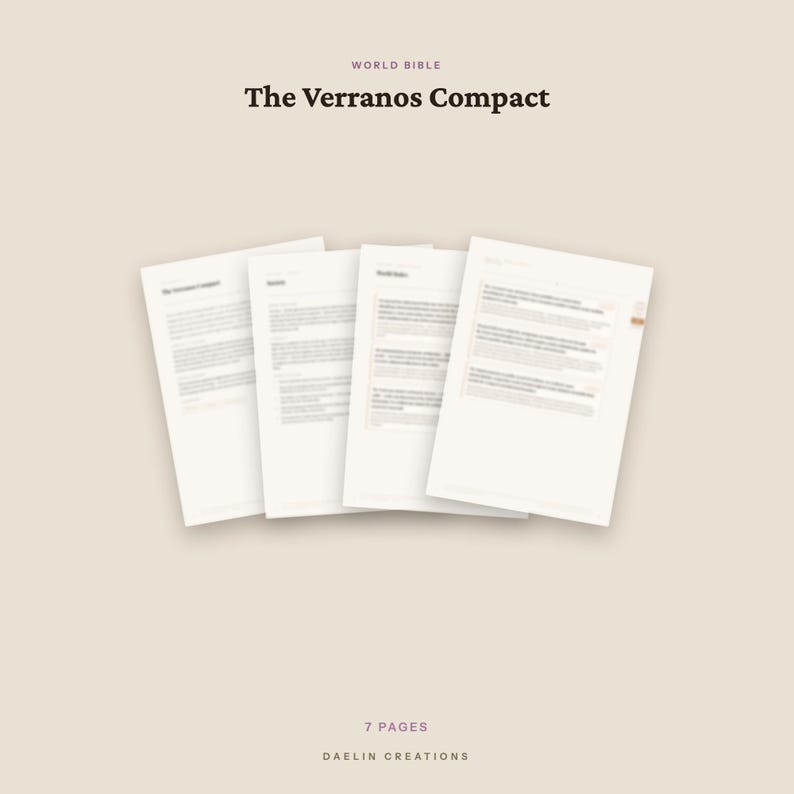 May include: A set of four white paper pages titled The Verranos Compact by World Bible, featuring printed text in a column layout. The document includes a total of 7 pages as indicated by the text at the bottom, with the brand Daelin Creations.