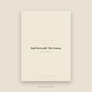 May include: A rectangular digital document with a cream background and a thin border. The text reads: Daelin Creations World, Bad Herzwald: The Season, Historical - One-of-One World, 7 Pages, Clickable Tabs, daelincreations.etsy.com, Daelin Creations.