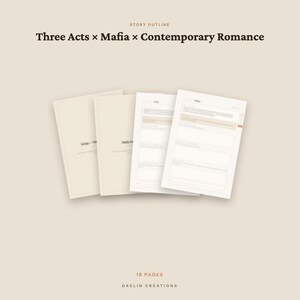 May include: A digital story outline template featuring the text Three Acts x Mafia x Contemporary Romance at the top. The document consists of 18 pages with a beige color scheme, displaying multiple stacked pages with structured sections for writing.